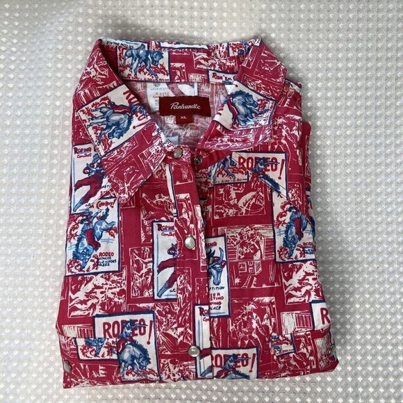 Panhandle NWT Jrs XL Hot Pink L/S Pearl Snap Pockets Rodeo Print Cotton Shirt - Picture 7 of 16